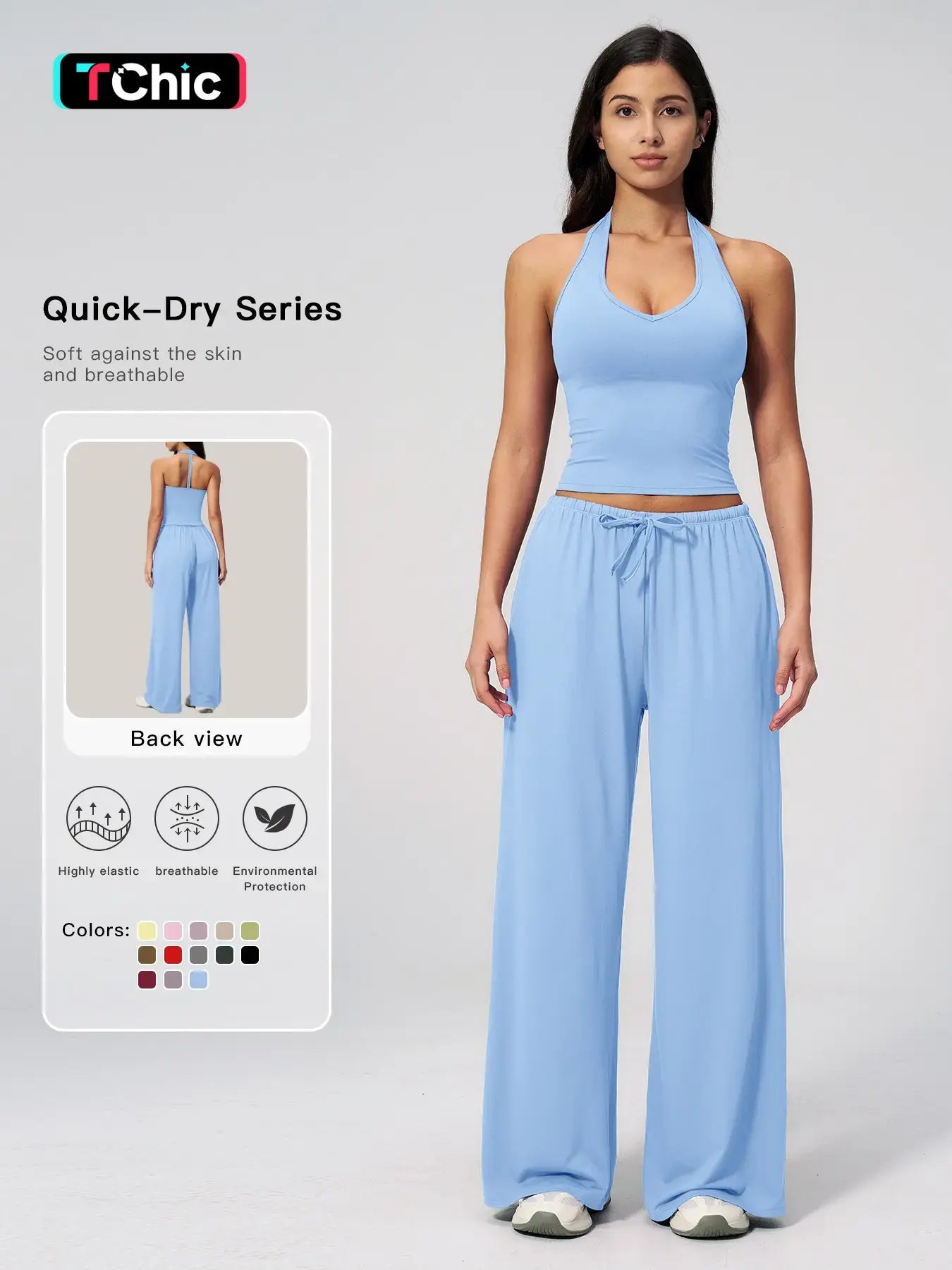 Women's Solid Halter Neck Top & Wide Leg Pants Sports Set