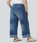 Plus Size FlexTM High Waisted Wide Leg Rolled Hem Washed Stretchy Knit Casual Jeans with Pockets