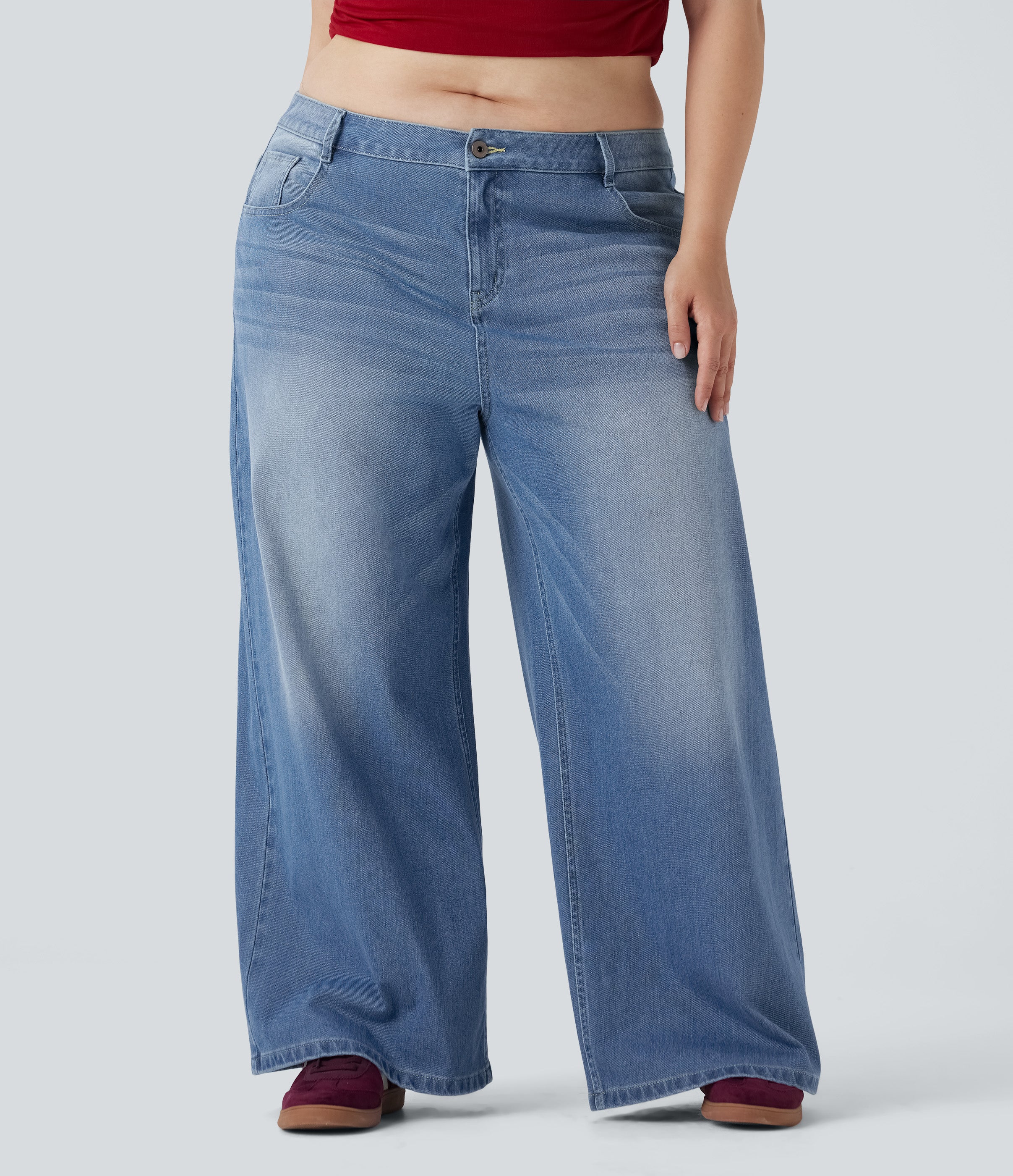 Plus Size FlexTM Low Rise Wide Leg Washed Casual Jeans with Pockets