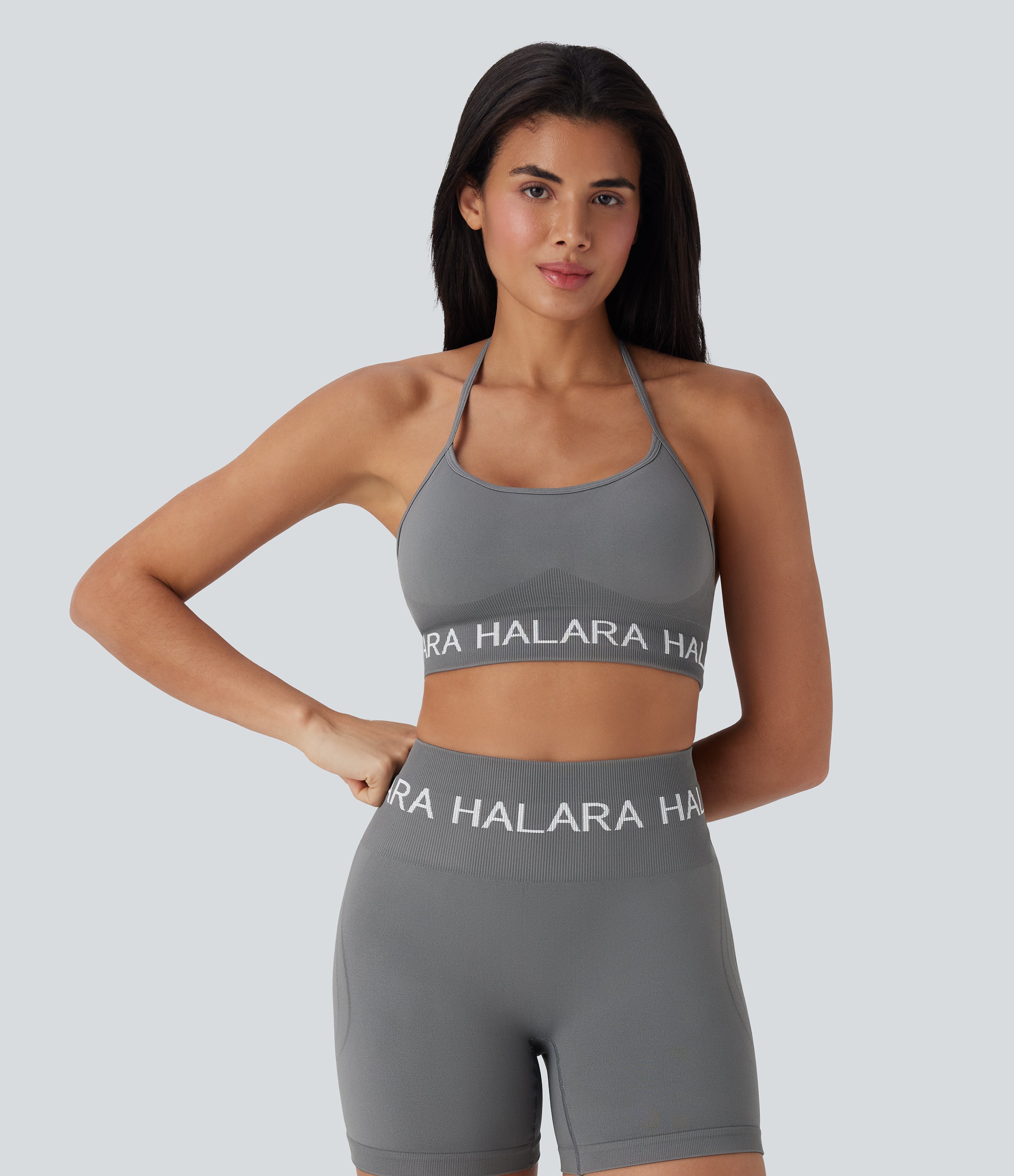 Seamless Flow Low Support Logo Halter Yoga Sports Bra