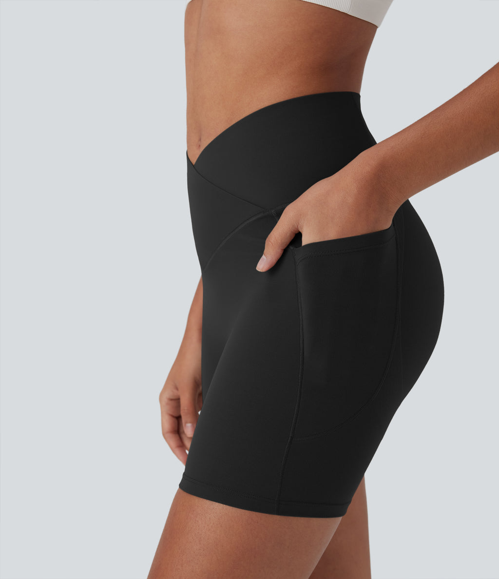 UltraSculptTM High Waisted Crossover Tummy Control Butt Lifting Yoga Biker Shorts 5'' with Pockets