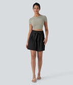 High Waisted Belted Casual Linen-Feel Bermuda Shorts with Pockets