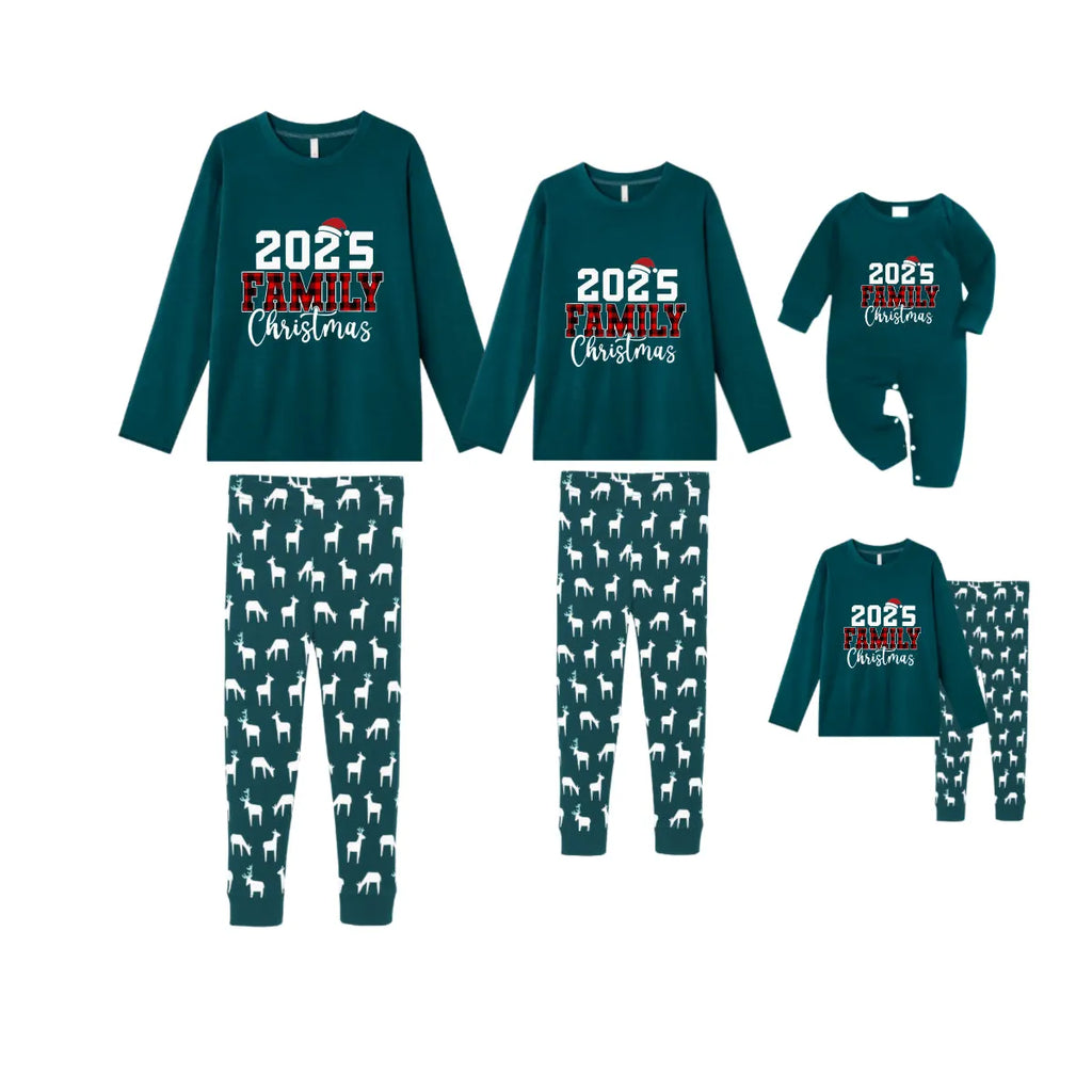 Christmas Family Matching Pajamas-Dark Green&Deer Patterned Pjs Set with "2025 Family Christmas" Text Print