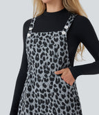 Leopard Print Waffle Casual Overalls with Pockets