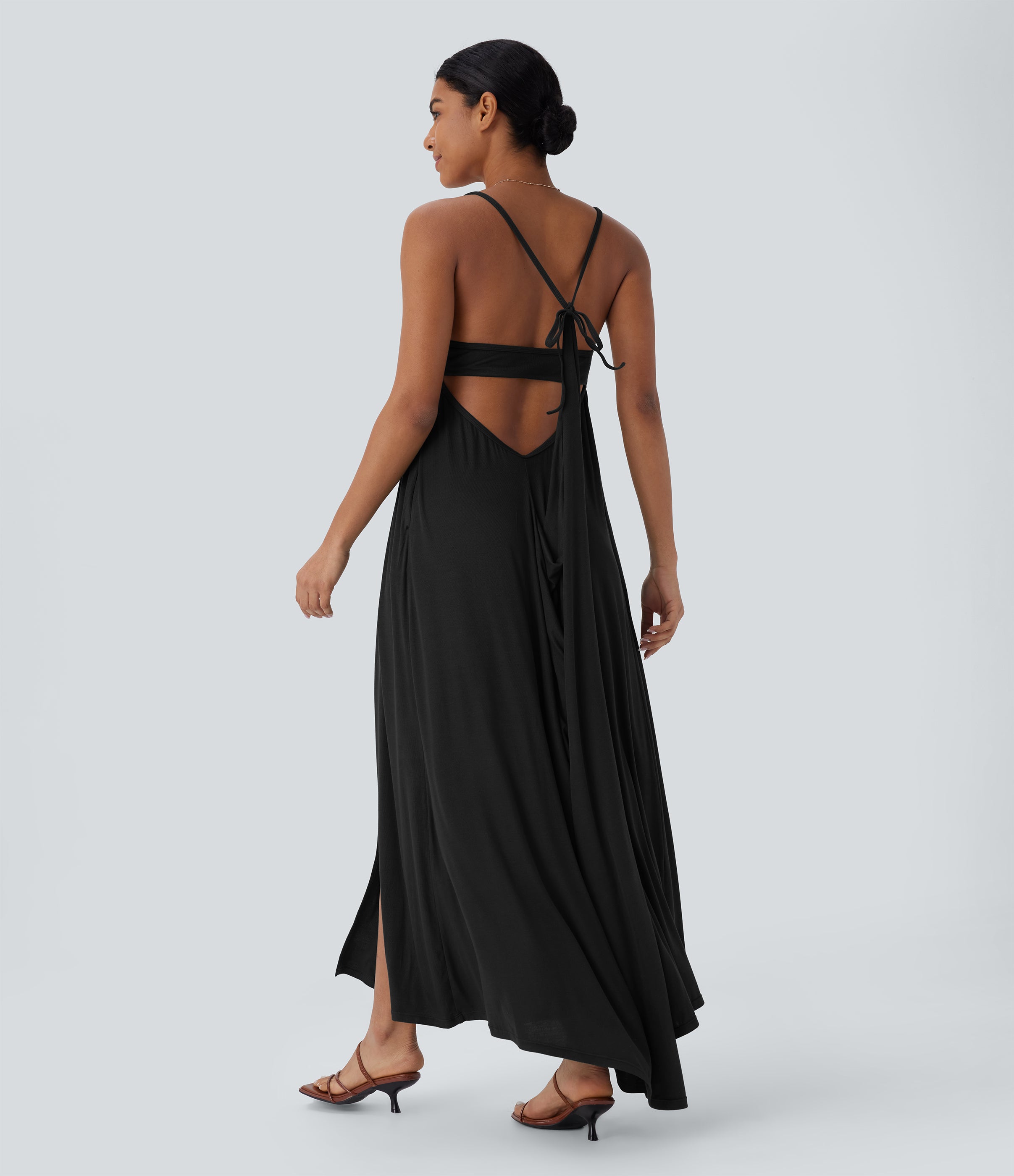 Ribbed Tie Back Ruched Maxi Slip Dress with Pockets