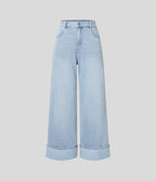 FlexTM High Waisted Multiple Pockets Rolled Hem Wide Leg Washed Stretchy Knit Casual Jeans