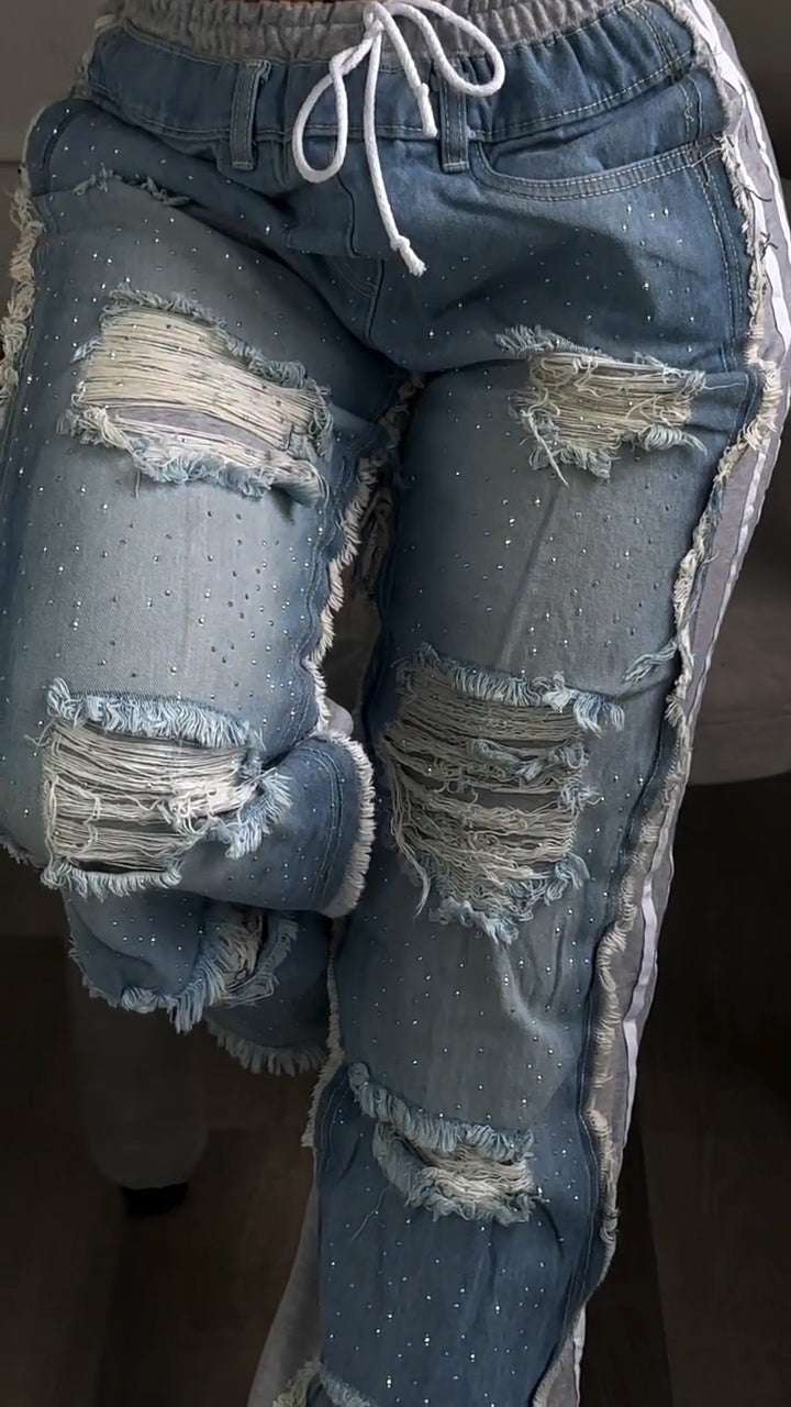 Womens Spliced Scratches and Diamond Casual Jeans