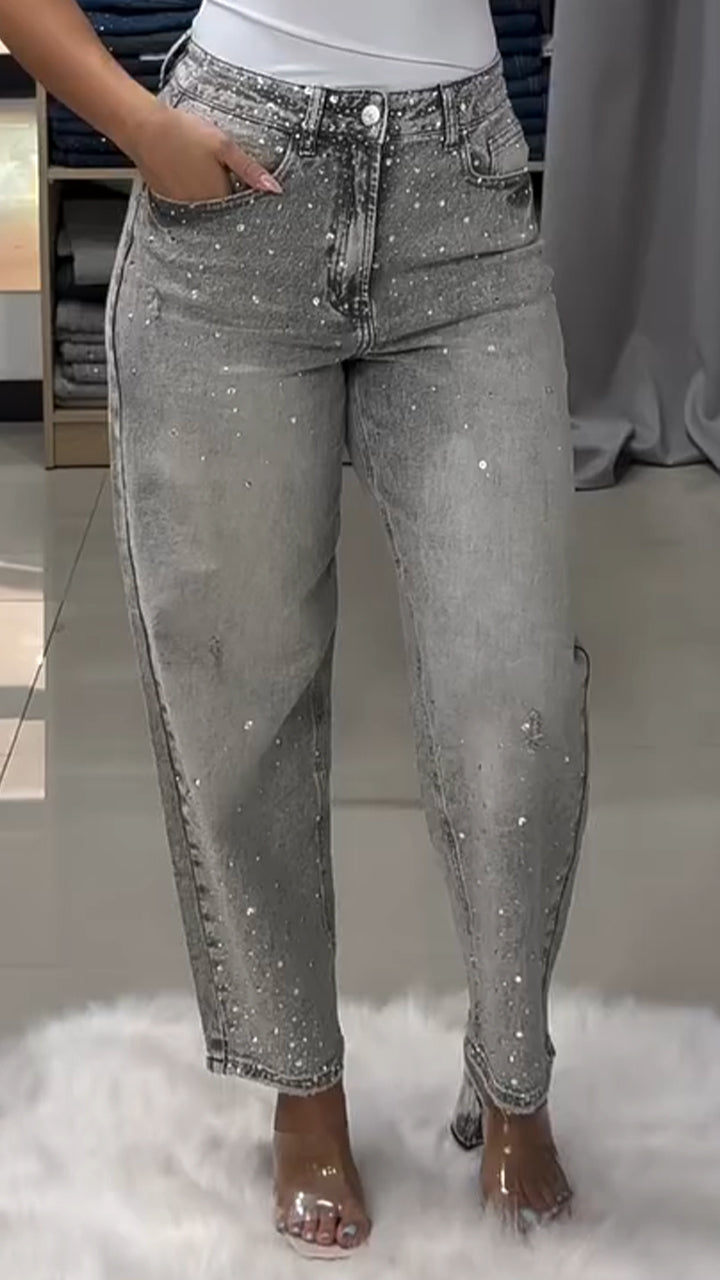 Ladies Washed and Rhinestone Casual Jeans