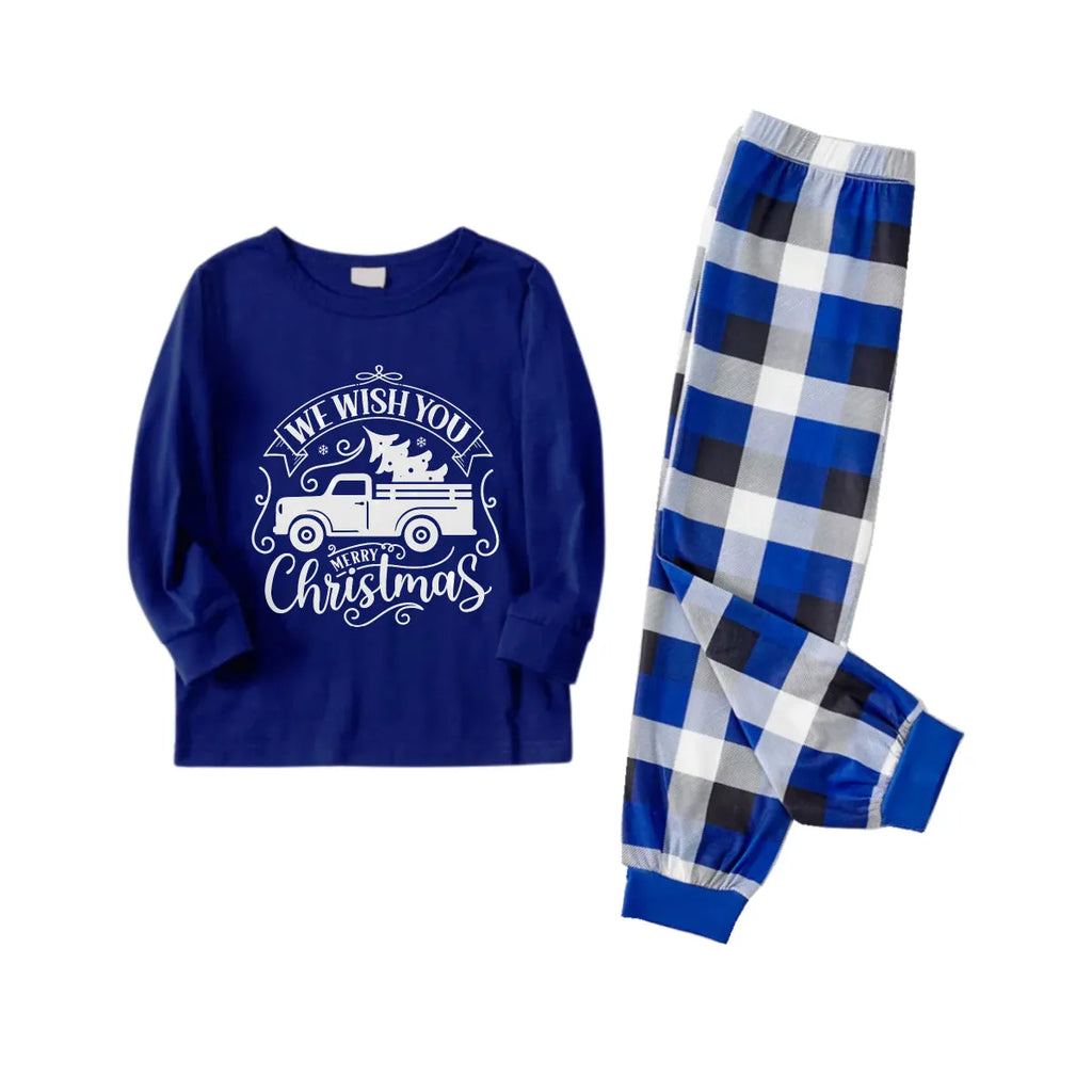 Christmas Family Matching Pajamas-Navy & White Plaid Pjs Set with Christmas Car and "We Wish You A Merry Christmas" Print
