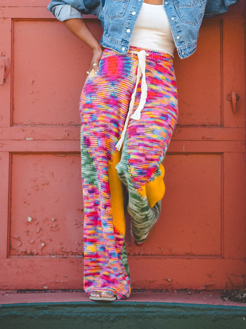 Casual Colorful Knit Paneled Pants
