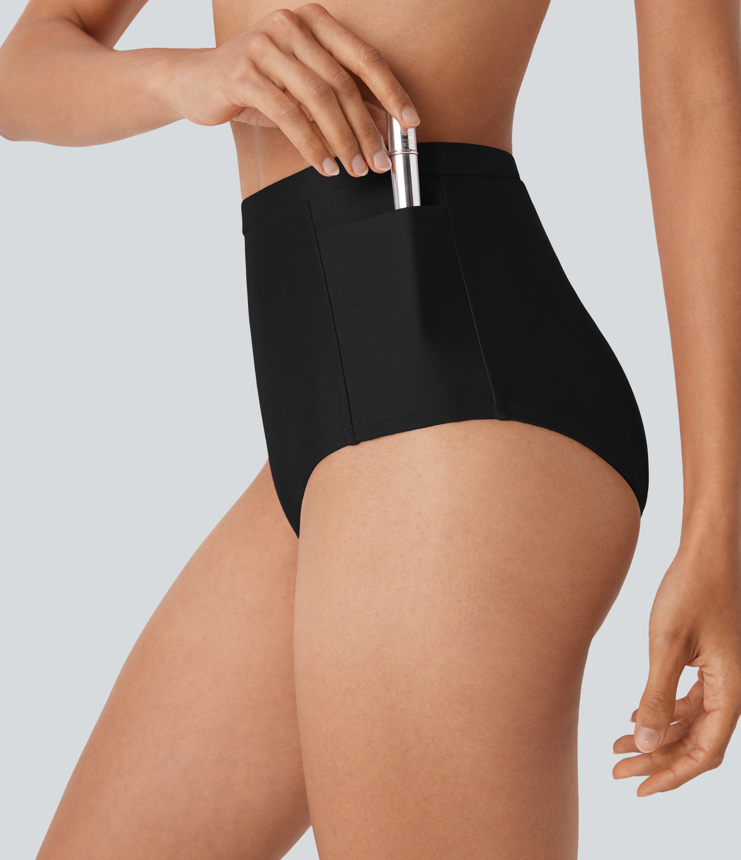 High Waisted Tummy Control Sheen Bikini Bottom Swimsuit with Pockets