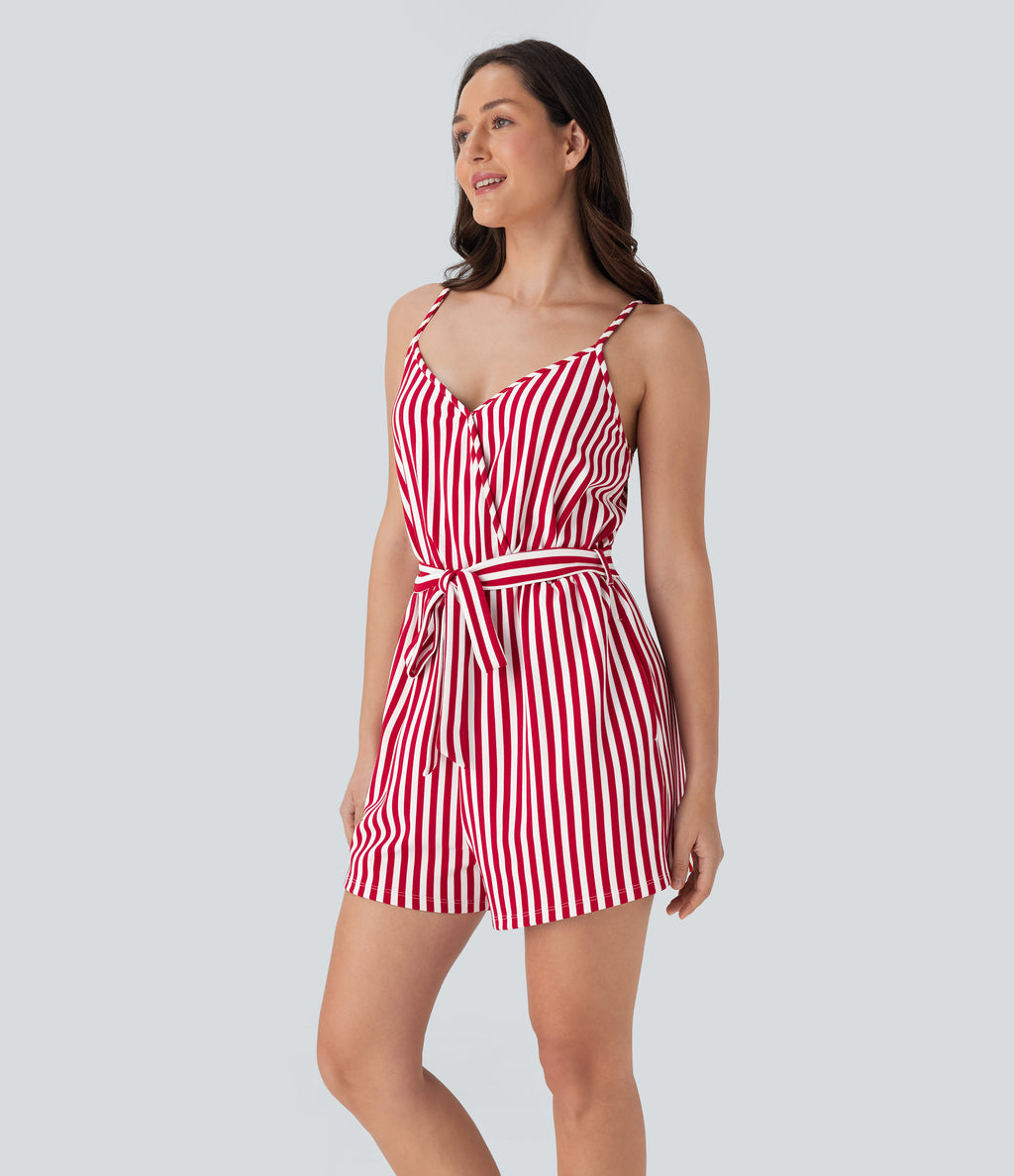 V-neck Snap Belted Stripe Waffle Jumpsuit with Pockets