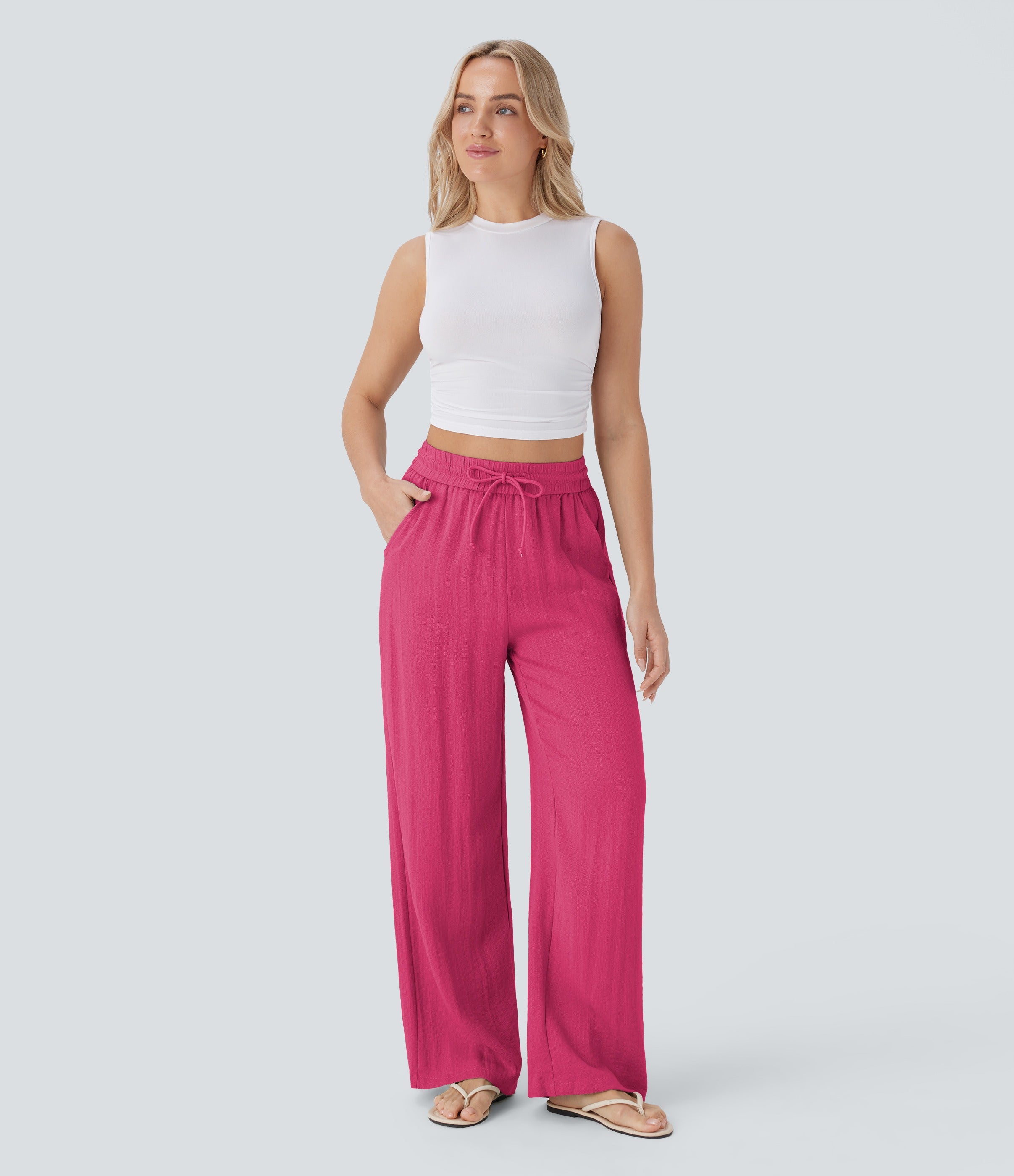 2026🔥 High Waisted Drawstring Pocket Wide Leg Casual Linen-Feel Pants