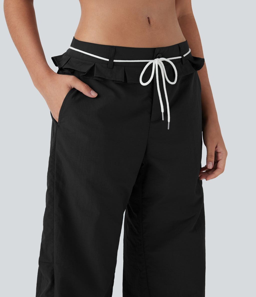 Low Rise Drawstring Ruffle Trim Dance Barrel Leg Pants with Pockets