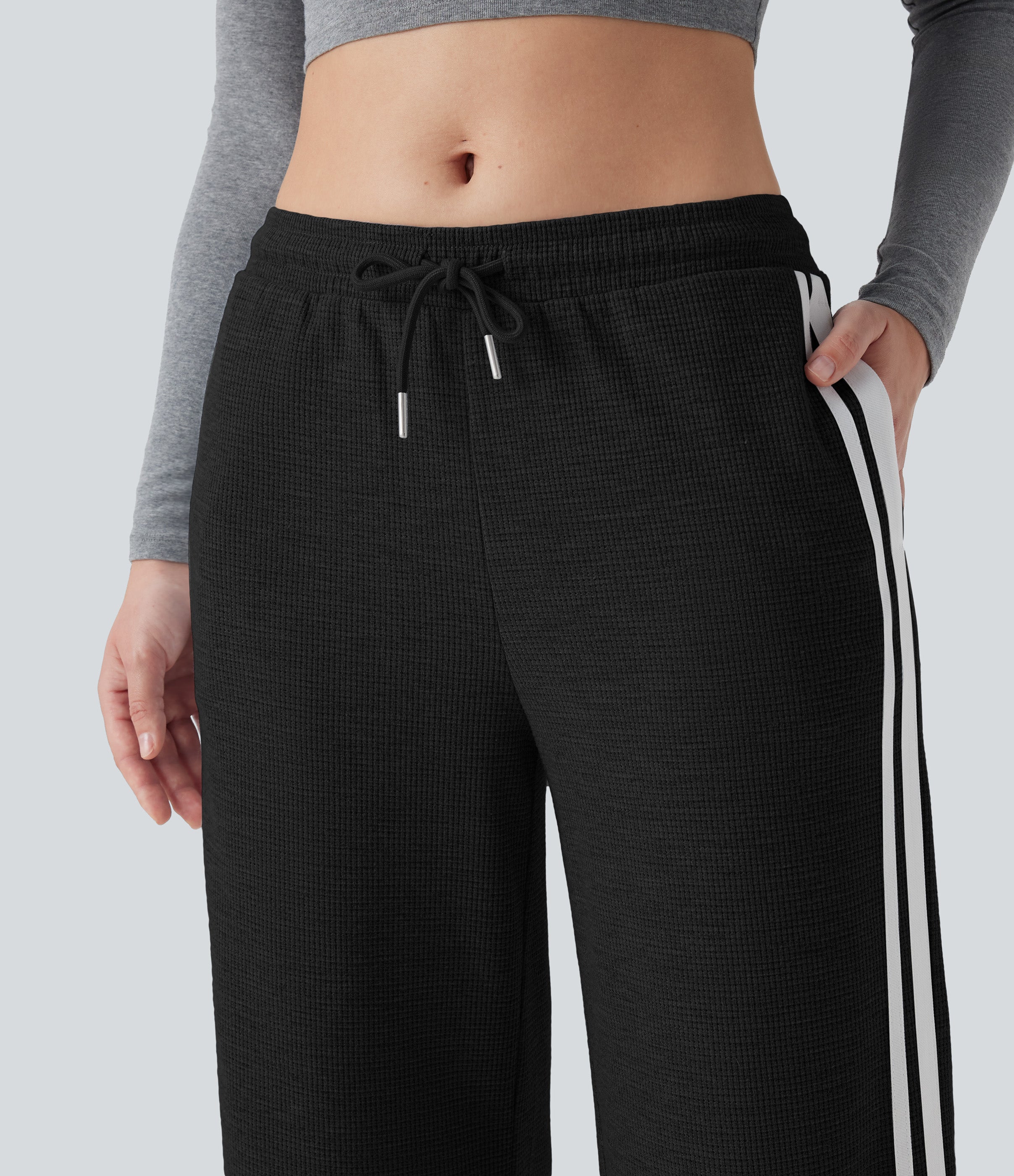 Low Rise Drawstring Color Block Snap Waffle Casual Wide Leg Pants with Pockets