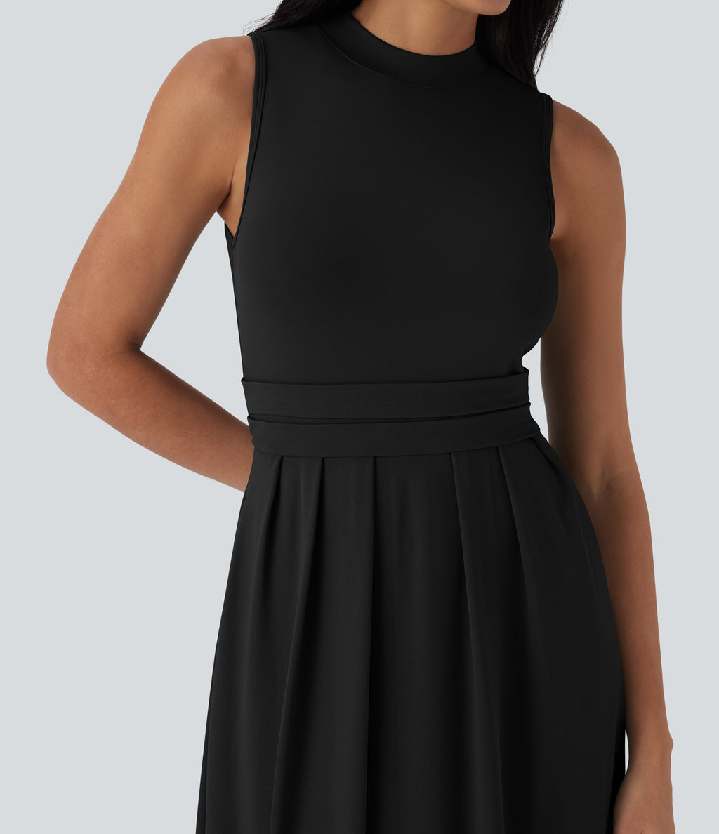 Stand Collar Sleeveless Flare Maxi Casual Dress with Pockets