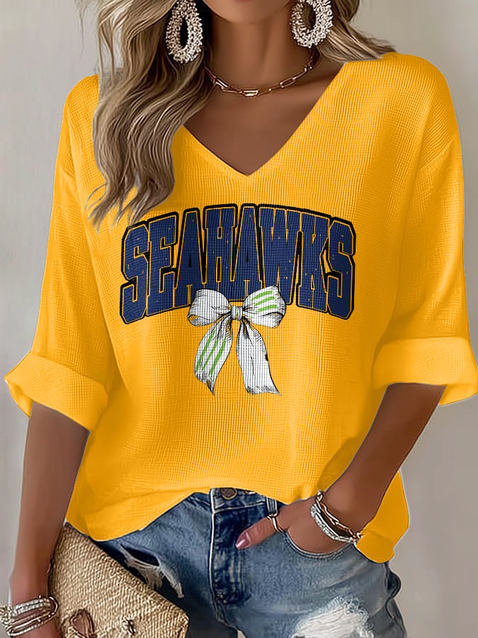 Women's Rugby Print Waffle Long Sleeve T-Shirt