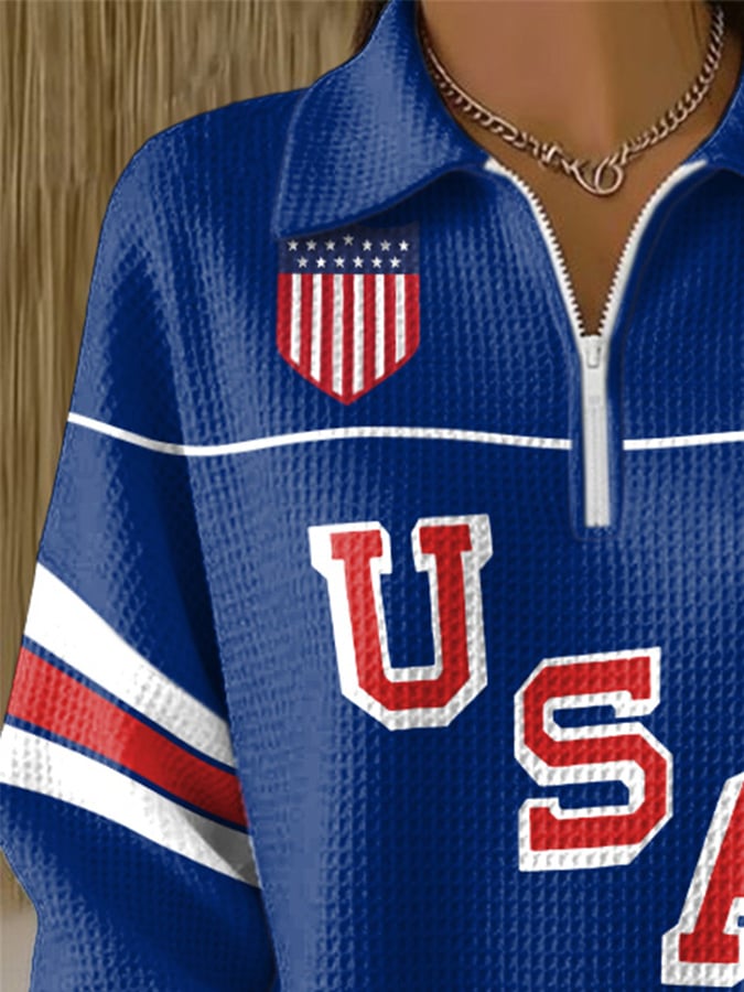 Retro USA Ice Hockey Zipper Print Sweatshirt