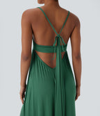 Ribbed Tie Back Ruched Maxi Slip Dress with Pockets