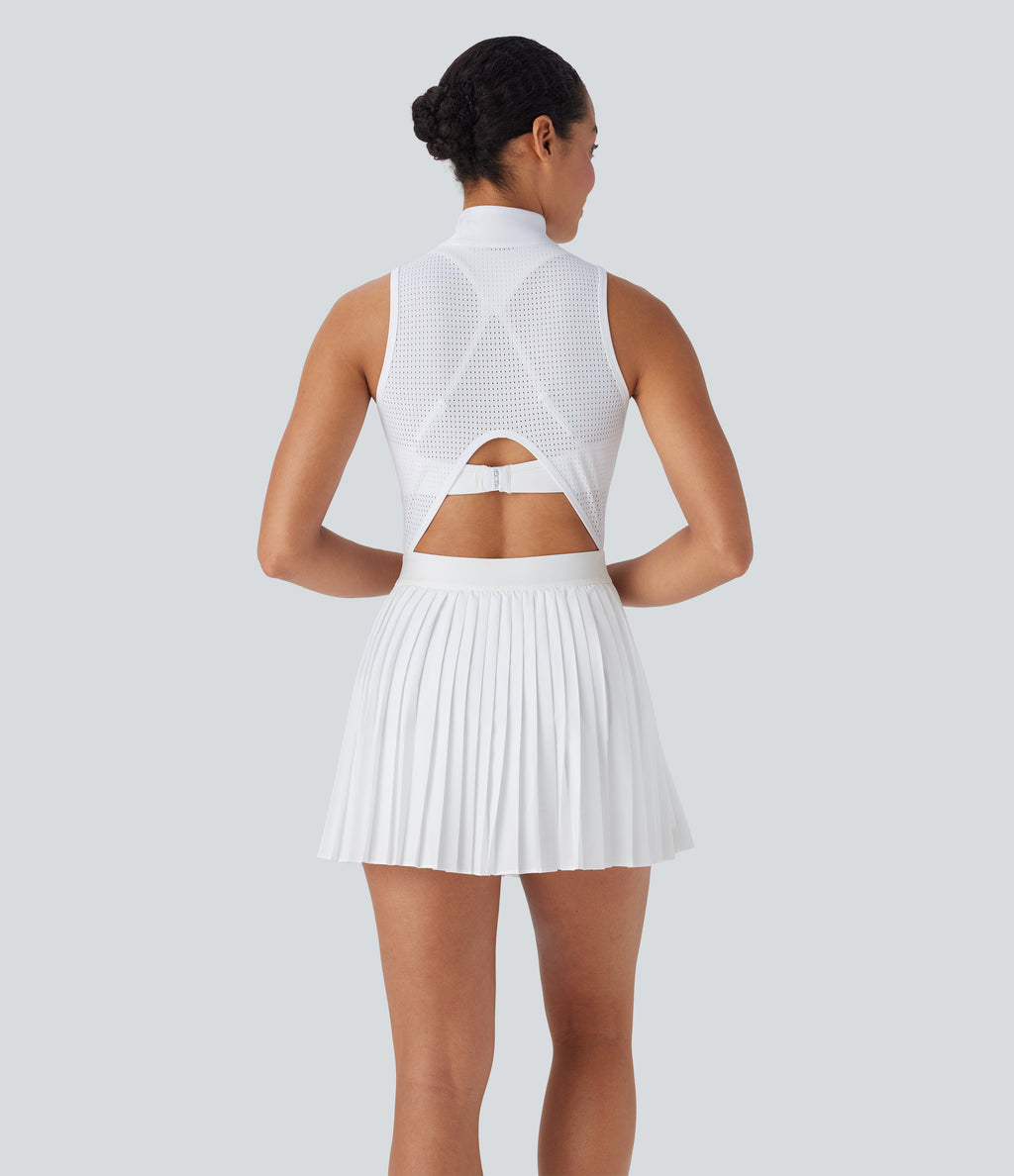 BreezefulTM Sleeveless Cut Out 2-in-1 Pleated Quick Dry Mini Tennis Active Dress with Pockets
