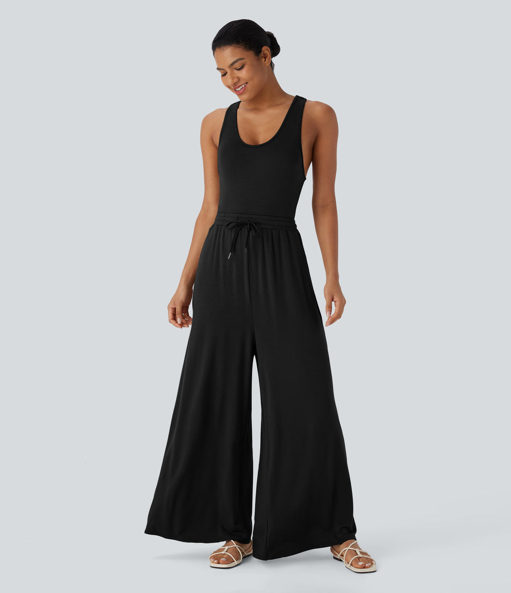 U Neck Racerback Drawstring Casual Jumpsuit with Pockets