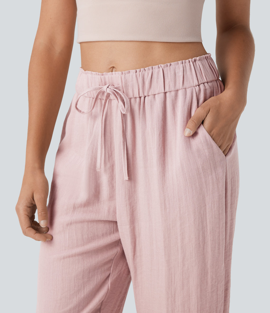 Mid Rise Drawstring Casual Tapered Pants with Pockets