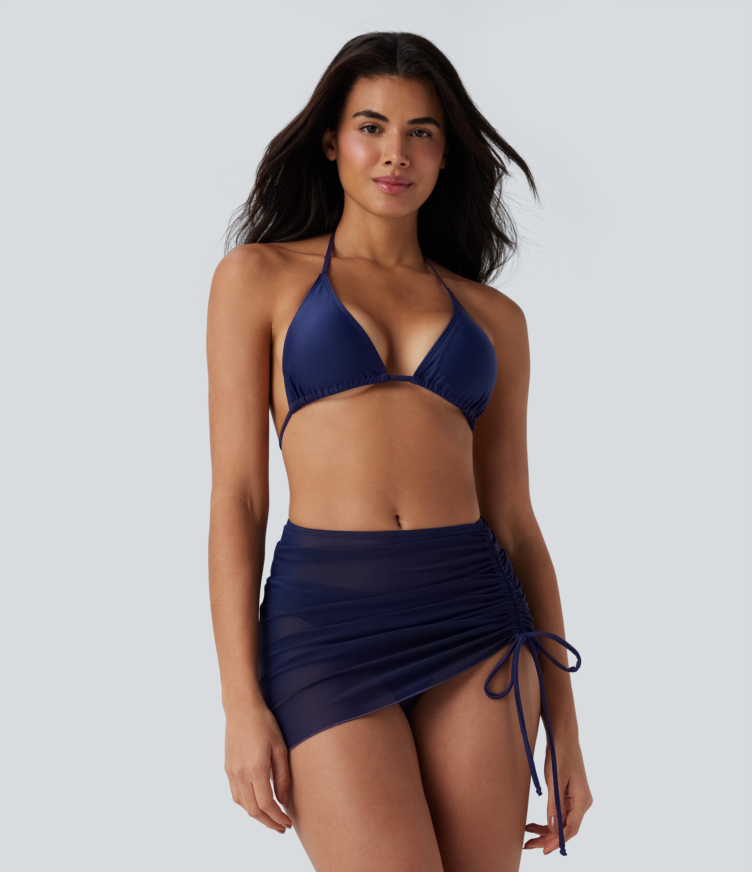 Sheer Mesh Halter Tie Back Drawstring 3-Piece Bikini Set