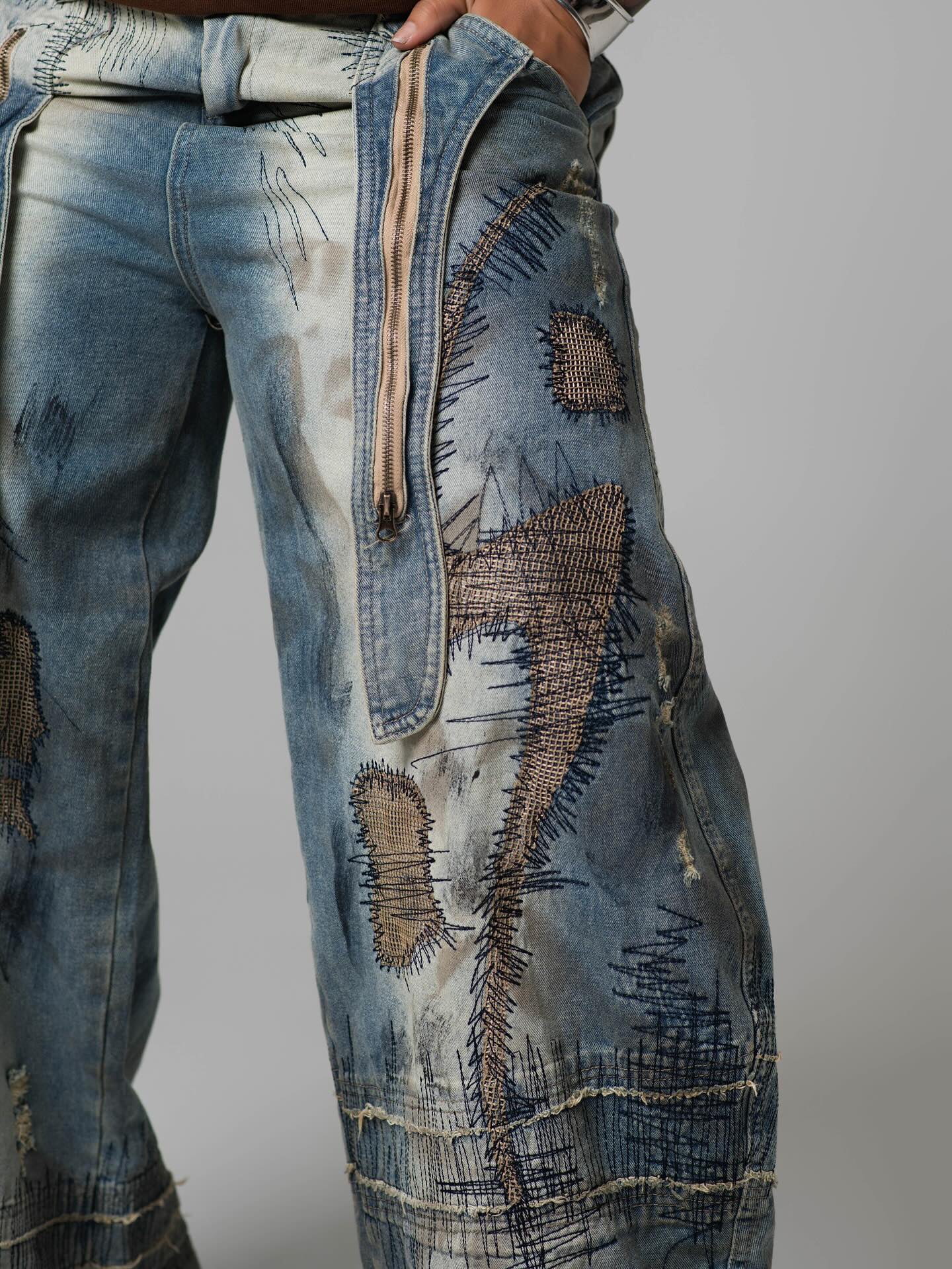 Fashion Irregular Embroidery Bleach Wash Jeans