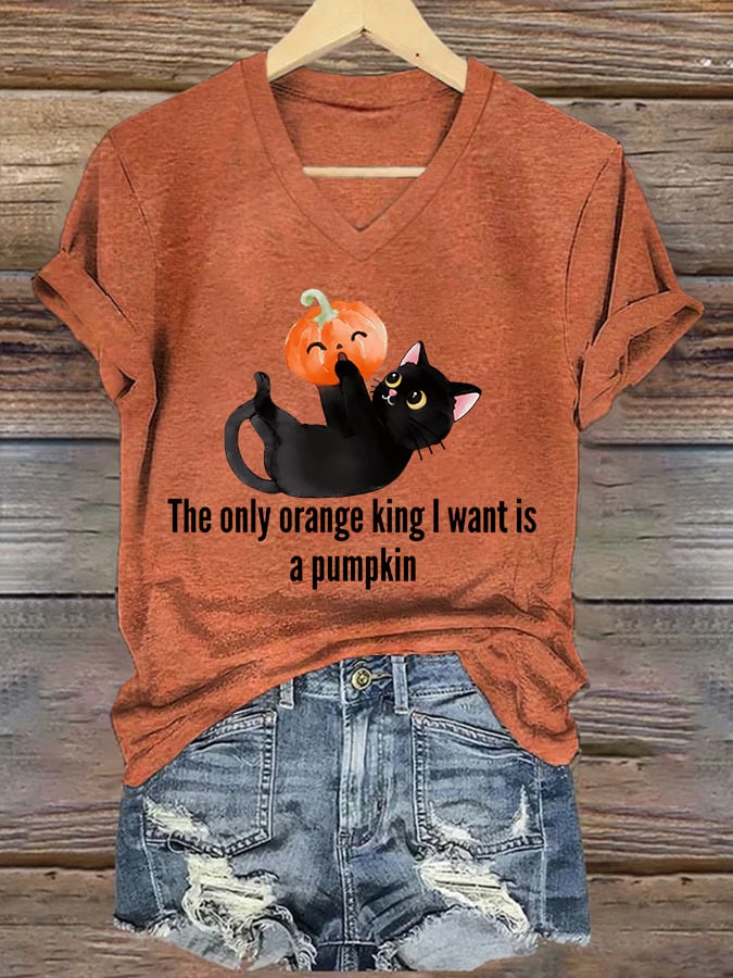 🔥Buy 3 Get 15% Off🔥Women's The Only Orange King I Want Is A Pumpkin Print V Neck T-shirt