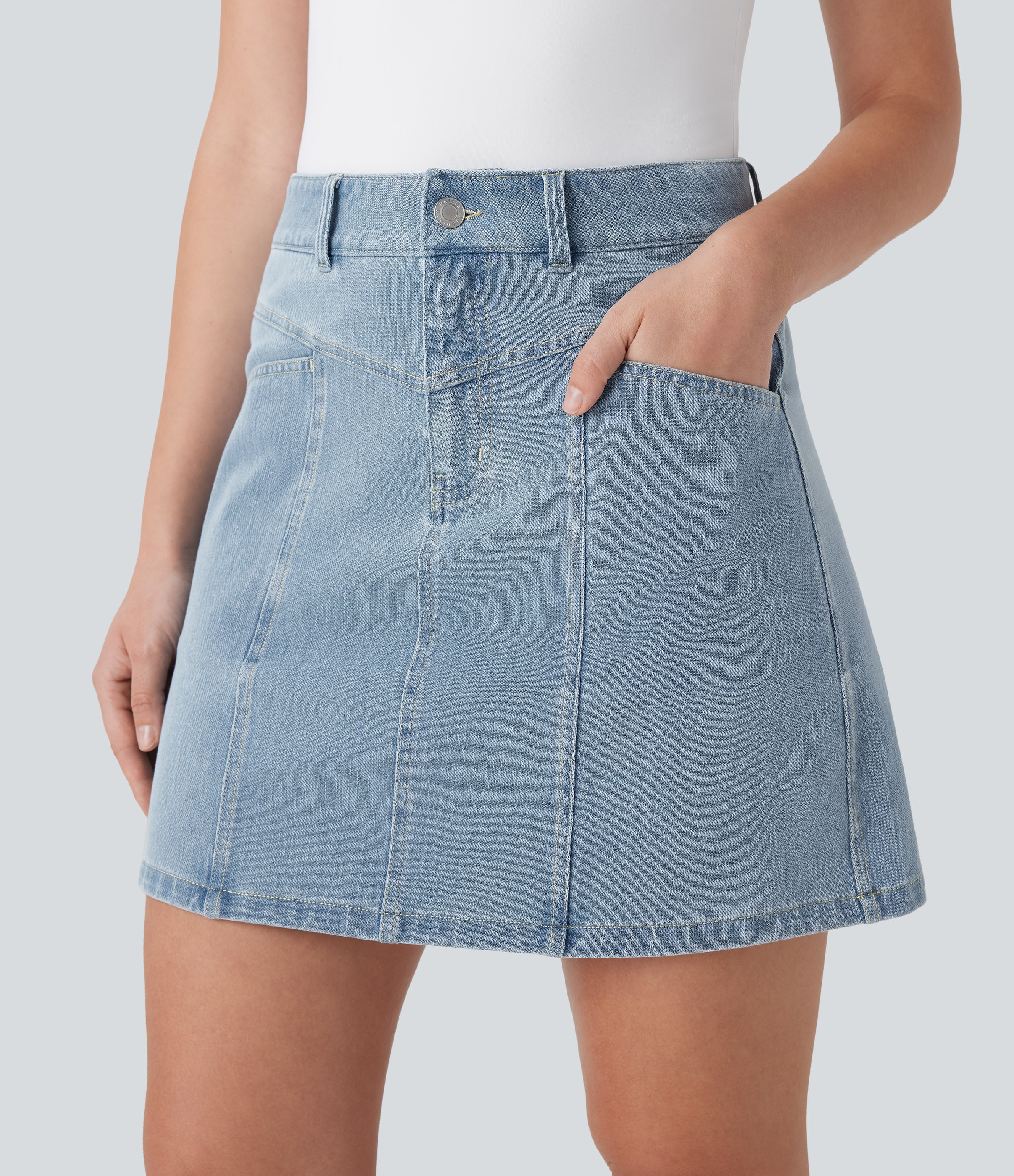 FlexTM Mid Rise A Line Stretchy Knit Denim Mini Casual Skirt with Pockets