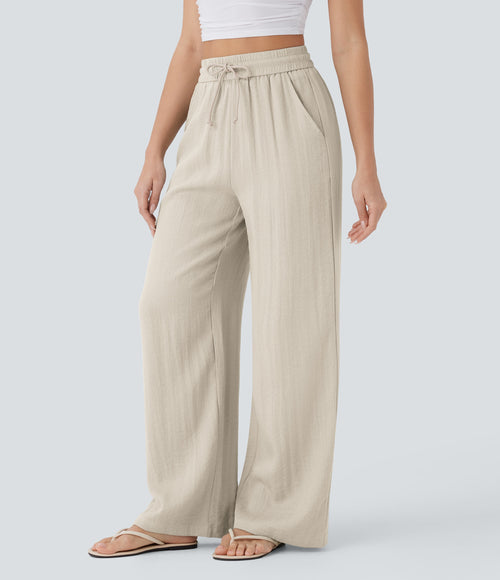 2026🔥 High Waisted Drawstring Pocket Wide Leg Casual Linen-Feel Pants