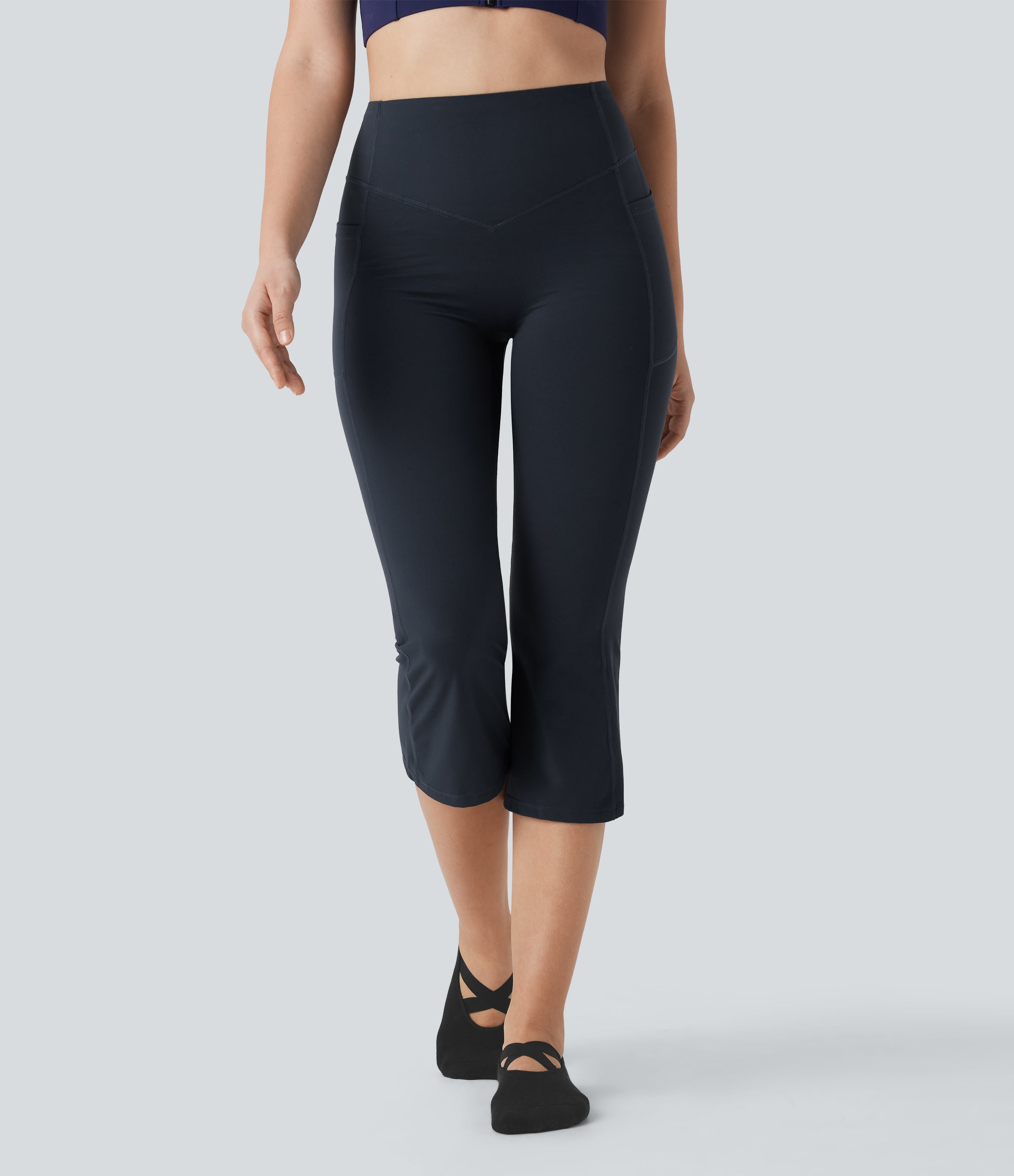 UltraSculptTM SoCinched High Waisted Tummy Control Butt Lifting Ruched Capri Yoga Bootcut Leggings with Pockets