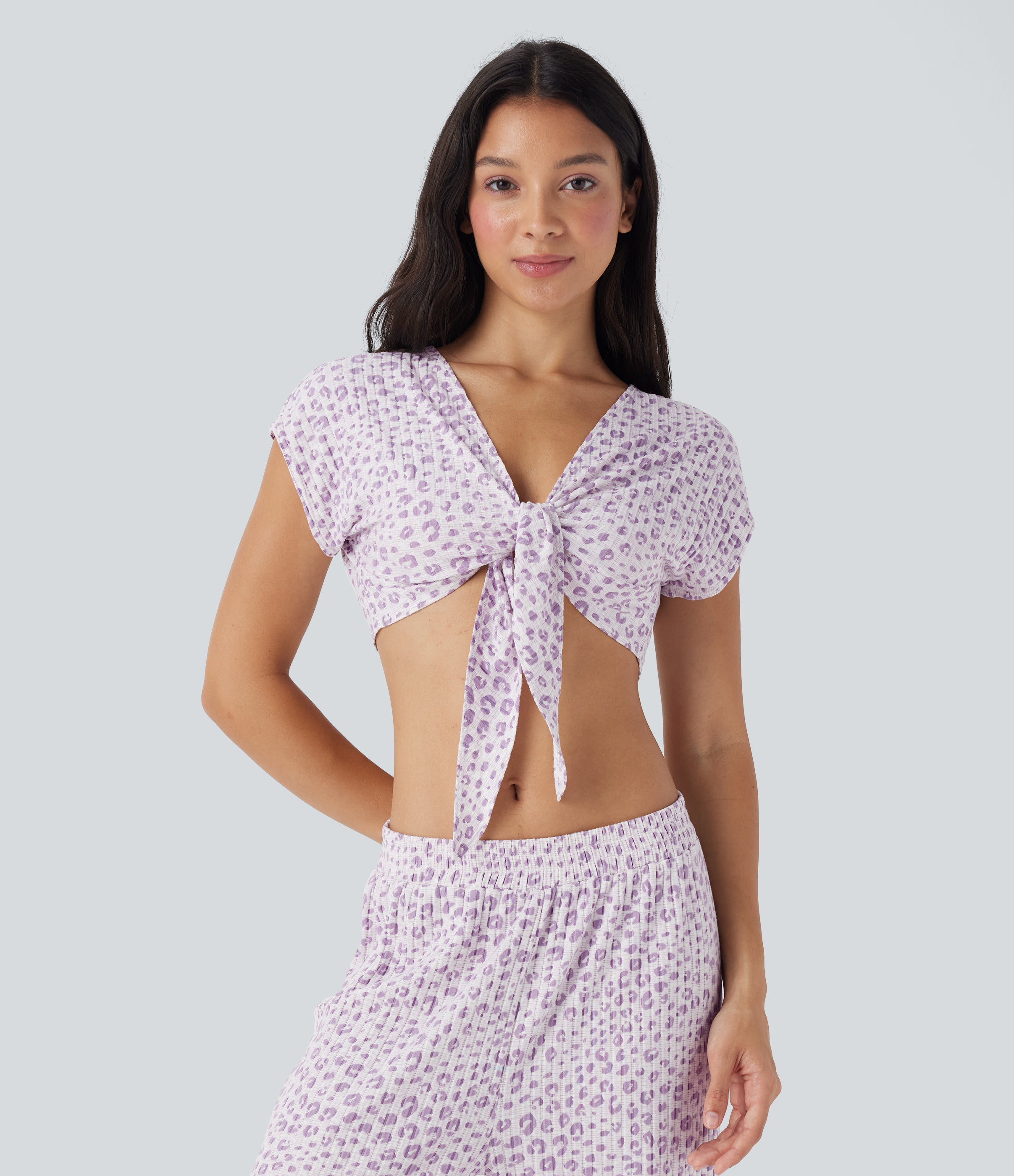 Tie Front Short Sleeve Leopard Print Cropped Lounge Top