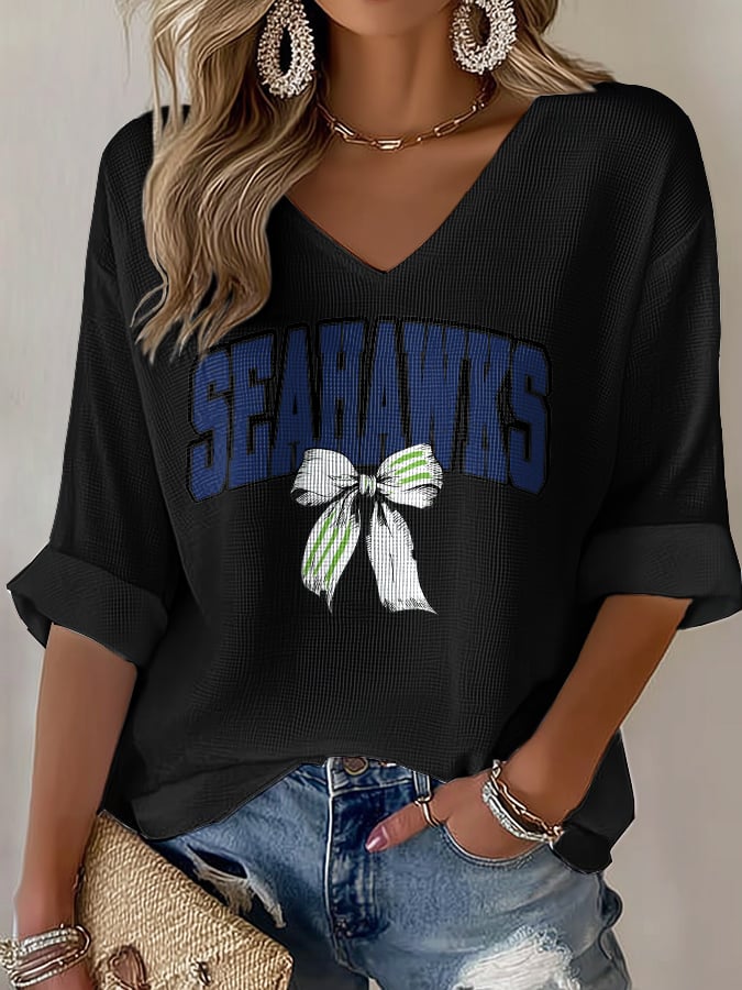 Women's Rugby Print Waffle Long Sleeve T-Shirt
