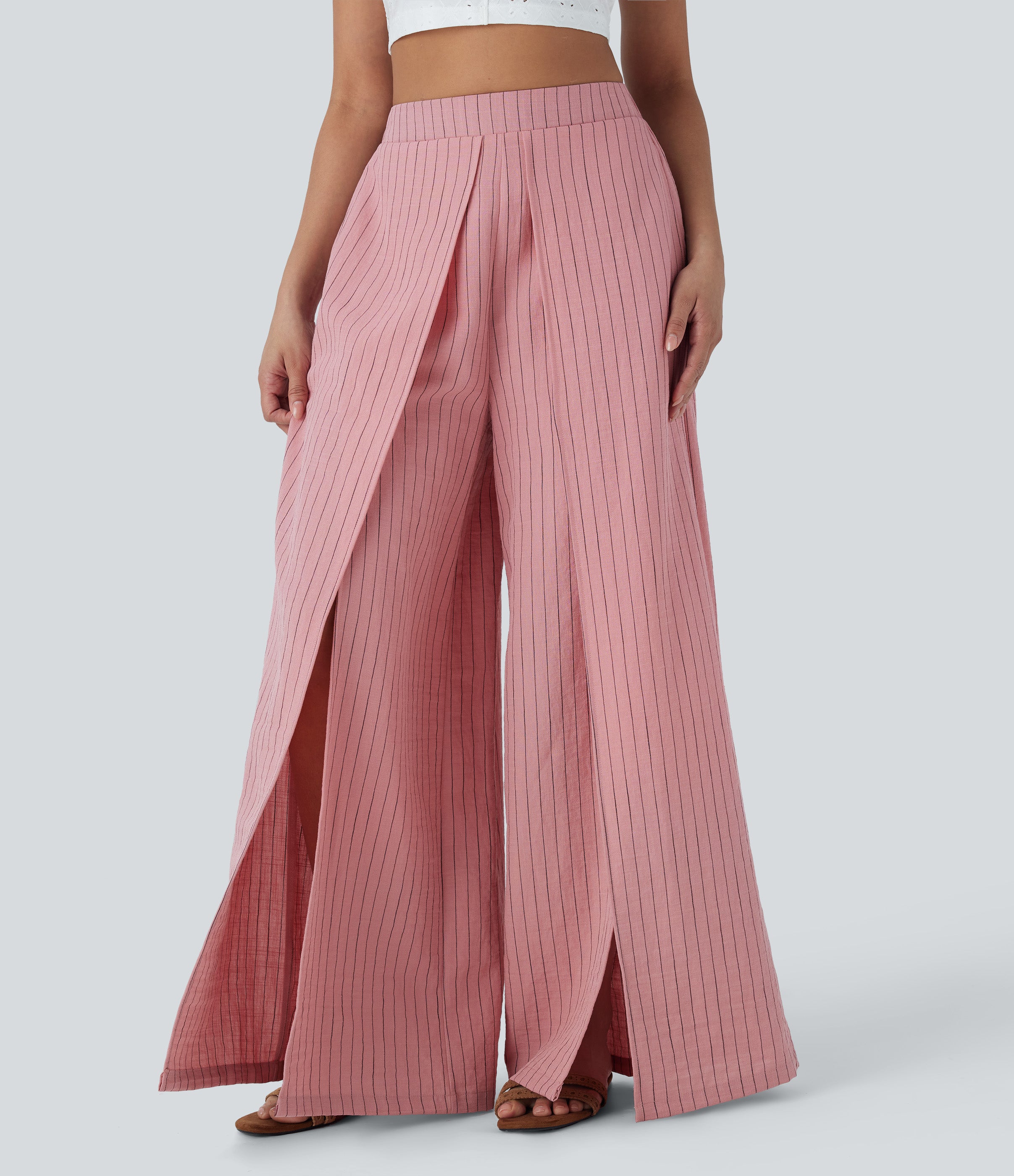 High Waisted Stripe Wide Leg Linen-Feel Pants with Pockets