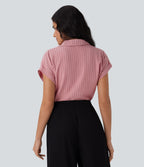 Short Sleeve Stripe Work Linen-Feel Shirt
