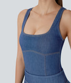 FlexTM Square Neck Racerback Cool Touch Washed Denim Tennis Bodysuit