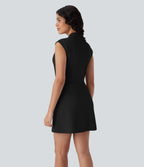 FlexTM V Neck Pleated Sleeveless Mini Micro Waffle Work Dress with Pockets