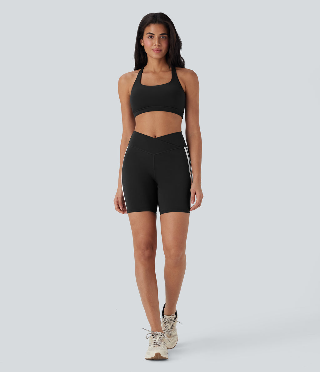 Crossover Mid Rise Color Block Stripe Yoga Biker Shorts 7''