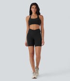 Crossover Mid Rise Color Block Stripe Yoga Biker Shorts 7''