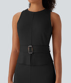 Sleeveless Keyhole-Back Belted Midi Work Dress
