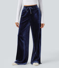 High Waisted Drawstring Wide Leg Velvet Casual Pants with Pockets