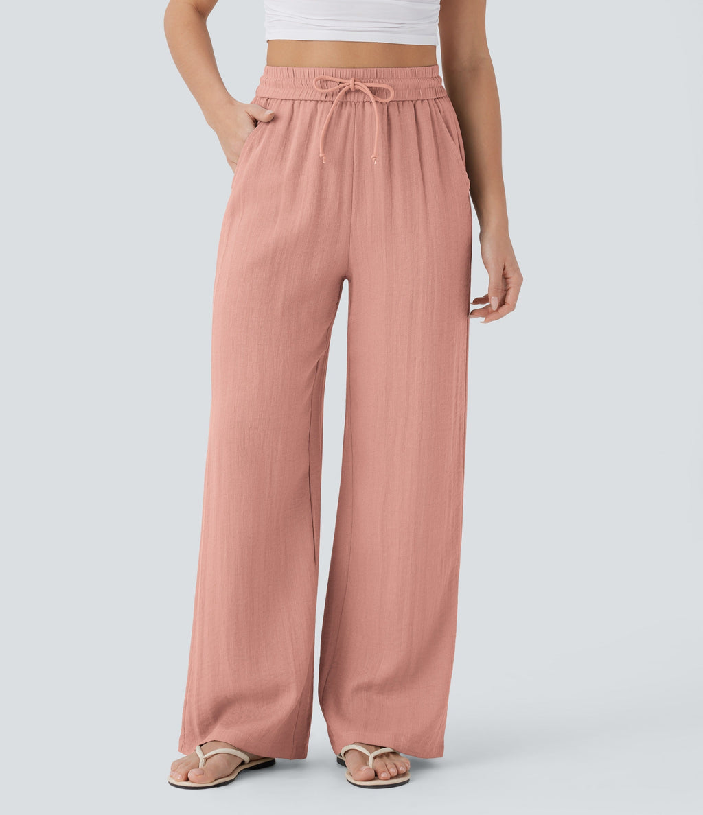 Women Summer High Waisted Drawstring Pocket Wide Leg Casual Linen-Feel Pants