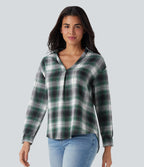 V Neck Curved Hem Plaid Casual Blouse