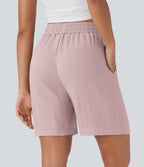 High Waisted Drawstring Casual Linen-Feel Shorts with Pockets
