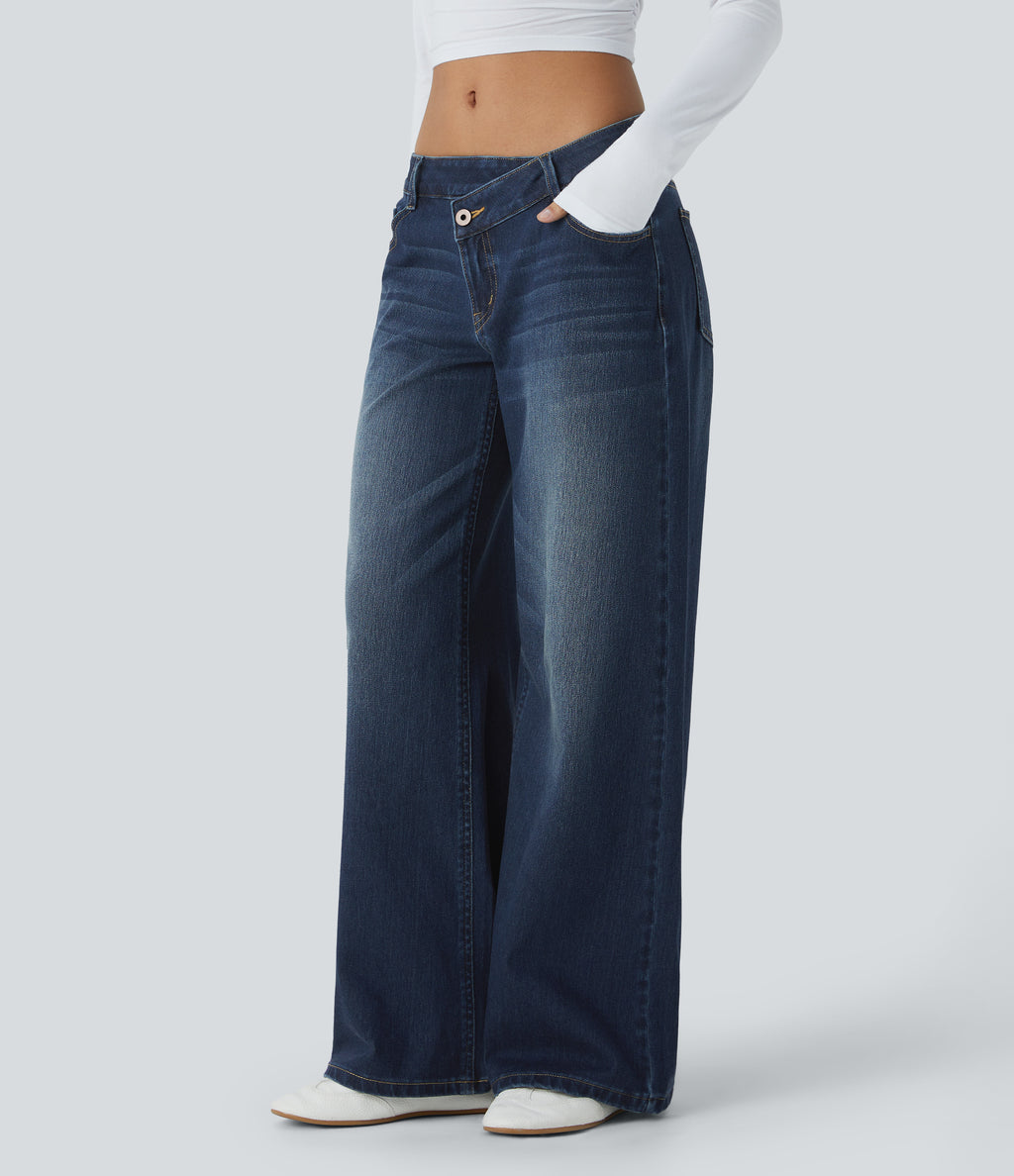 FlexTM Asymmetric Low Rise Zipper Pockets Baggy Wide Leg Washed Casual Jeans