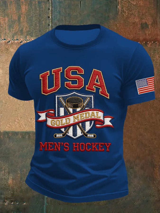 Men's Retro USA Mens Hockey Gold Medal Print Casual T-Shirt