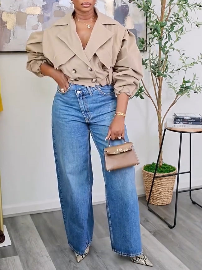 Fashion Asymmetric Waistband Wide Leg Jeans