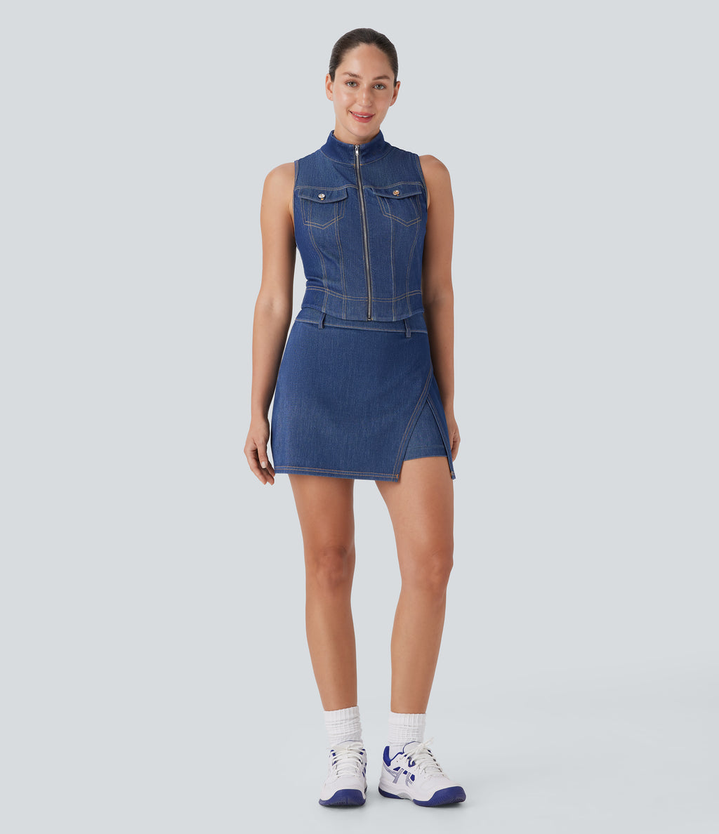 FlexTM High Waisted 2-in-1 Cool Touch Washed Denim Mini Tennis Skirt with Pocket