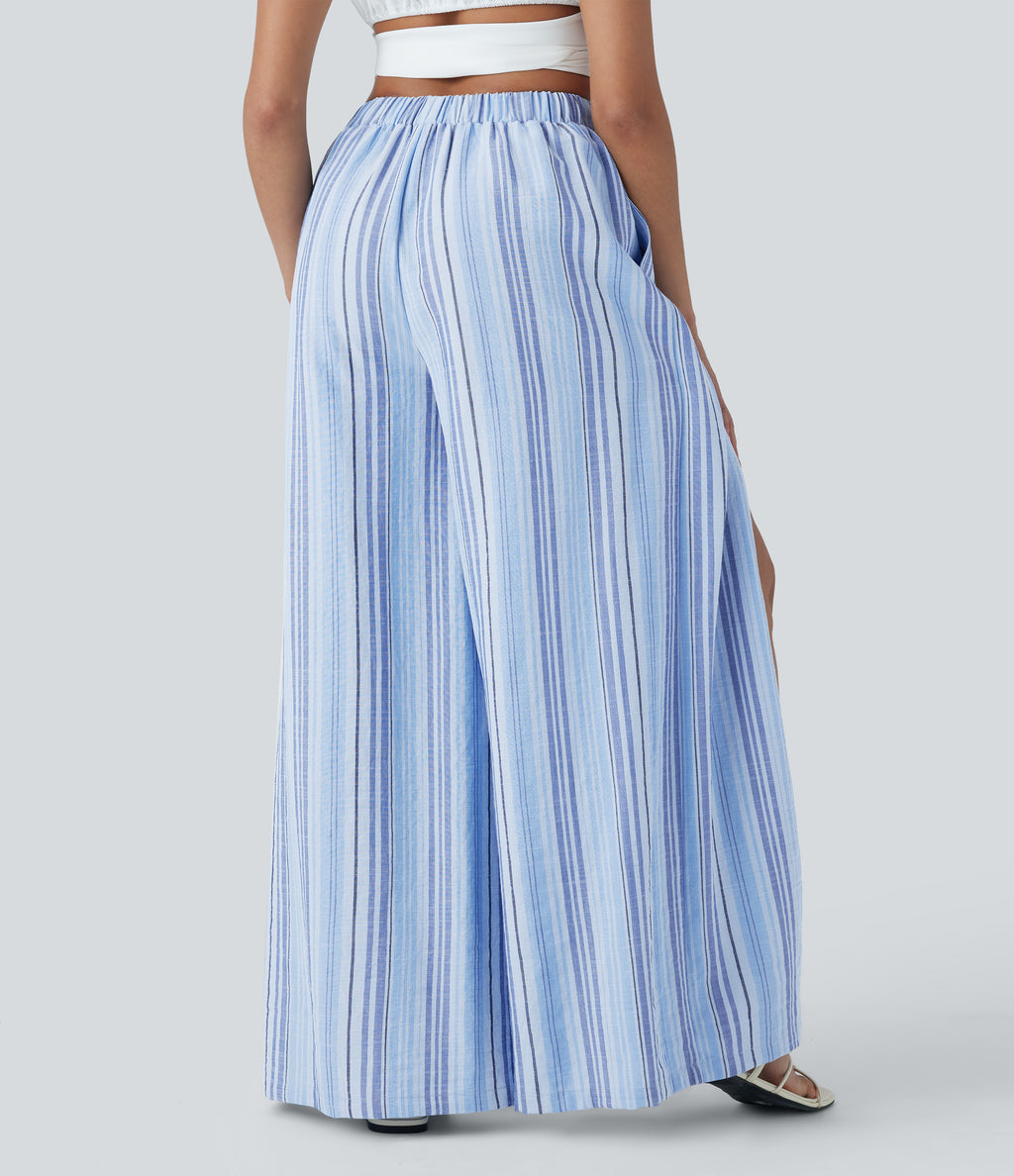 High Waisted Stripe Wide Leg Linen-Feel Pants with Pockets